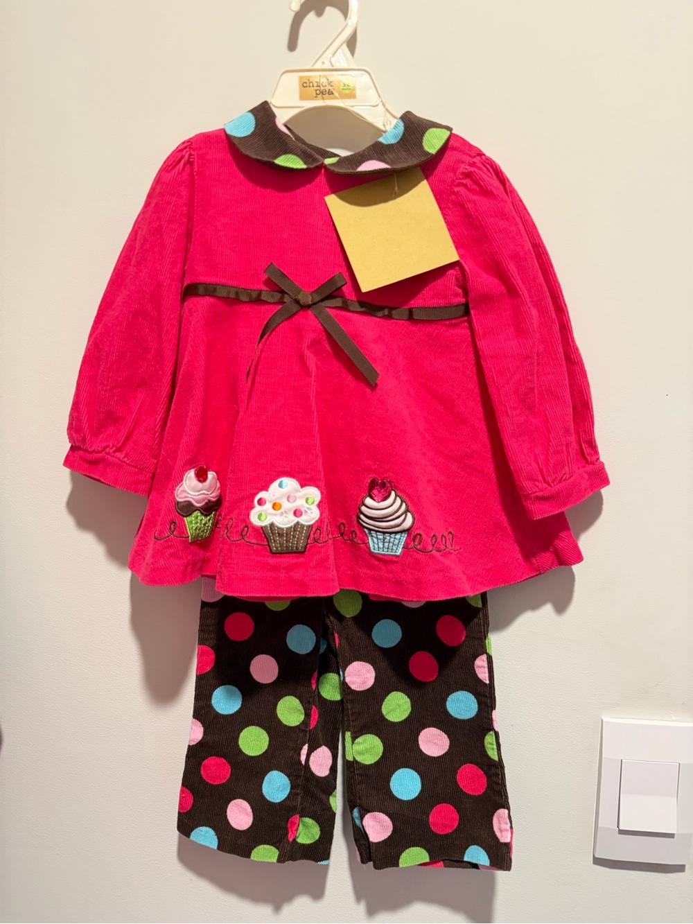 Rare Editions Hot Pink Corduroy Cupcake Top with Polka Dot Pants